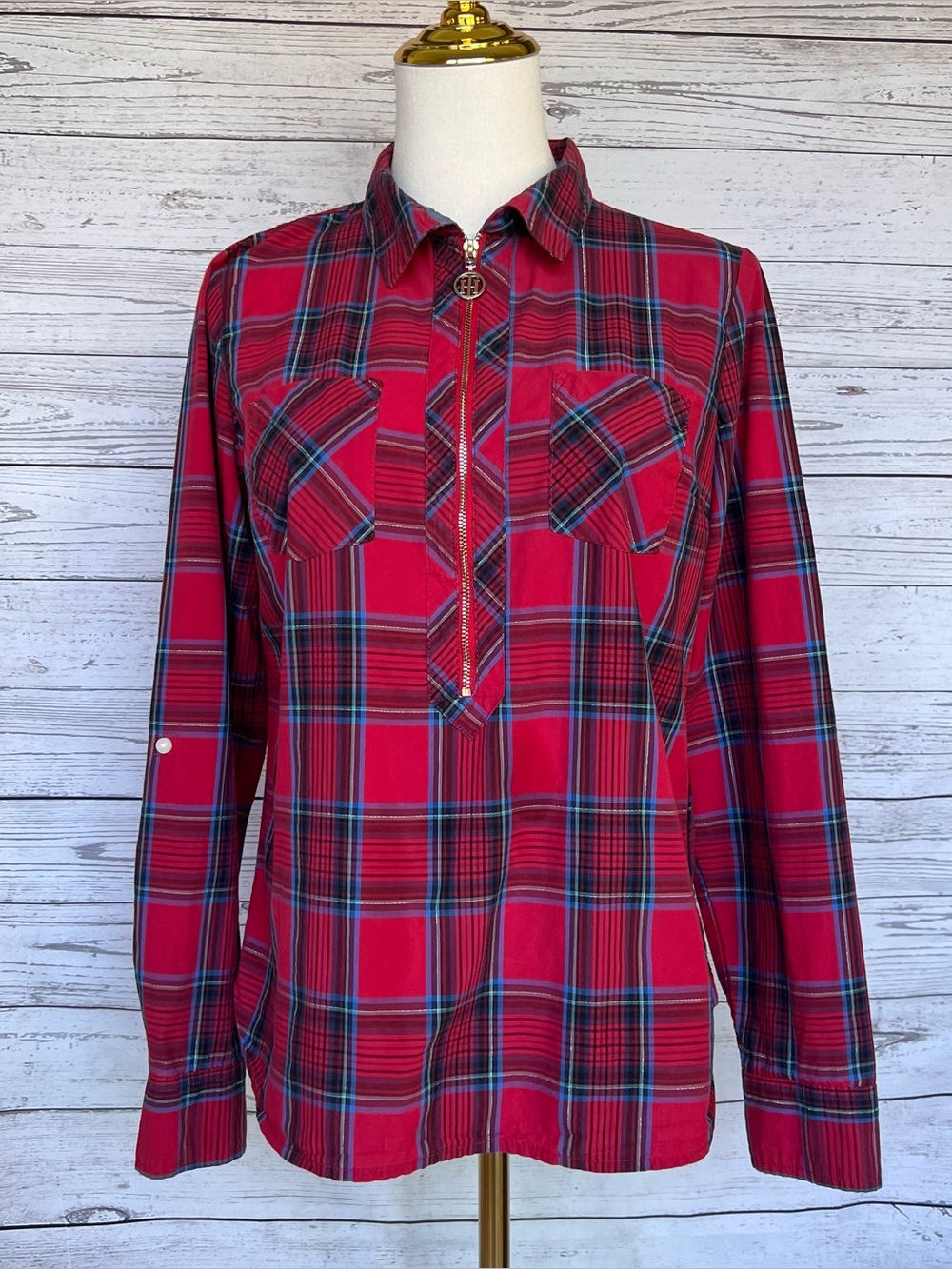 • Tommy Hilfiger Plaid Roll-Tab Sleeve Popover Shirt Red/Blue